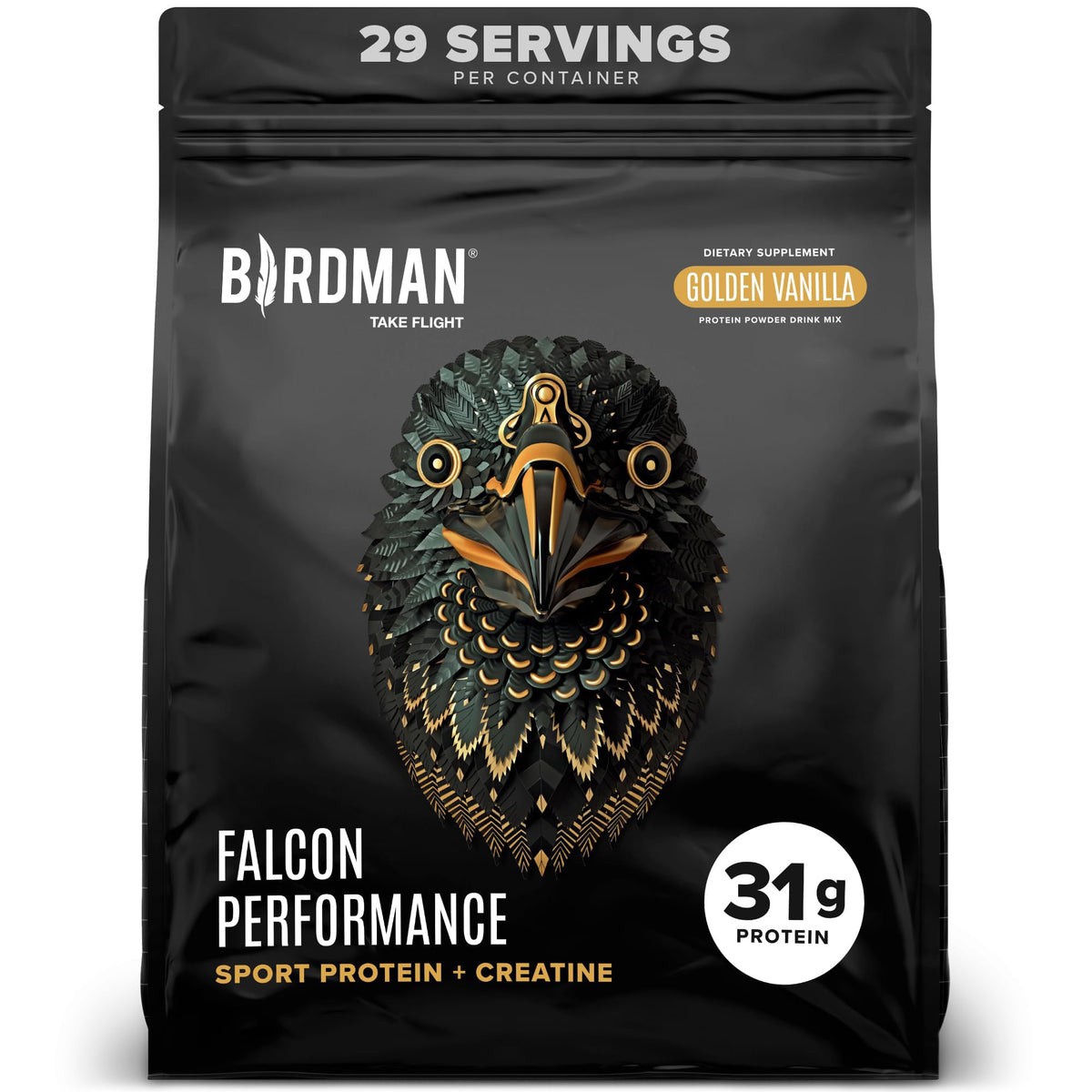 Birdman Falcon Performance vanilla protein bottle showing plant-based formula for daily muscle support.