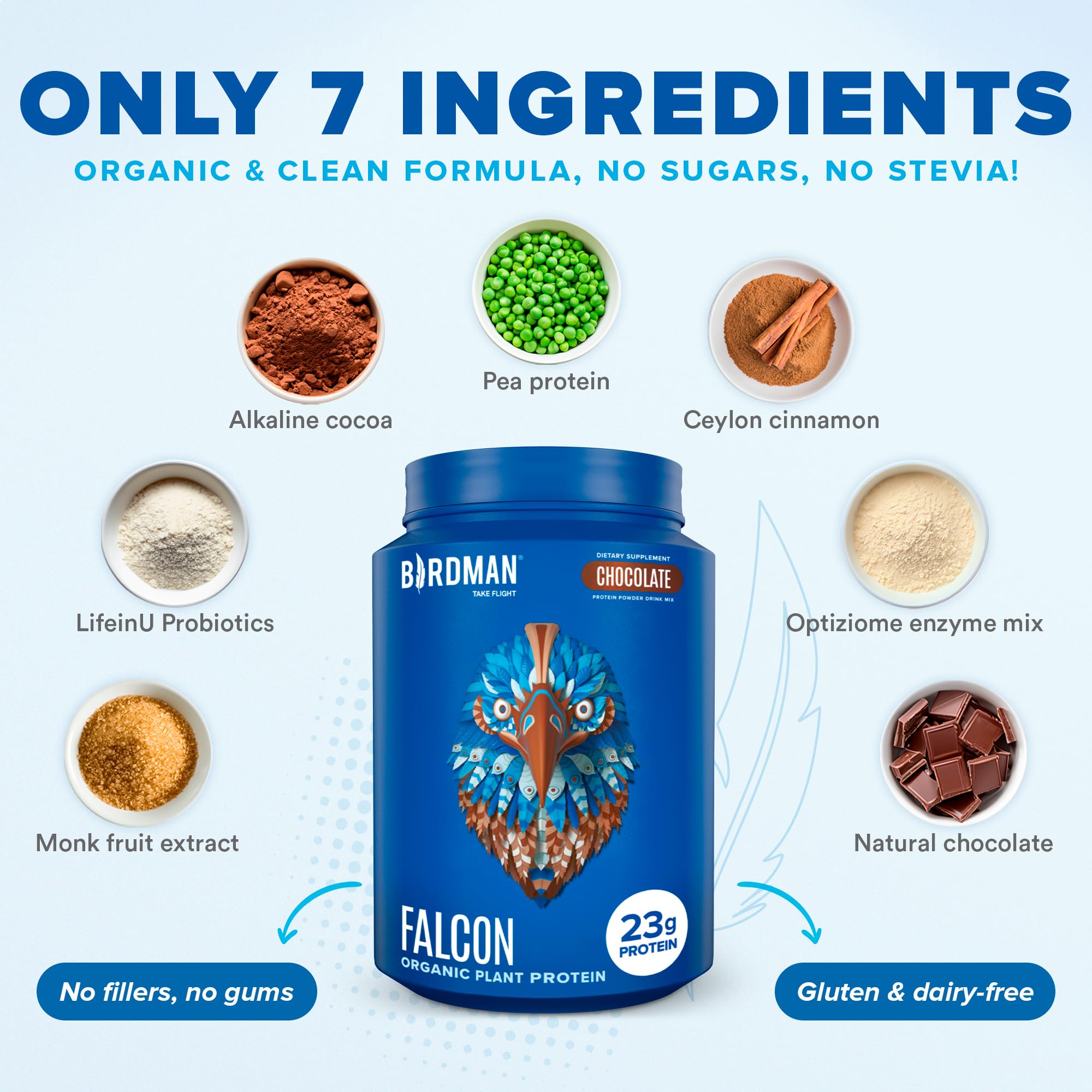 Birdman Falcon ingredients include organic cocoa and pea protein.
