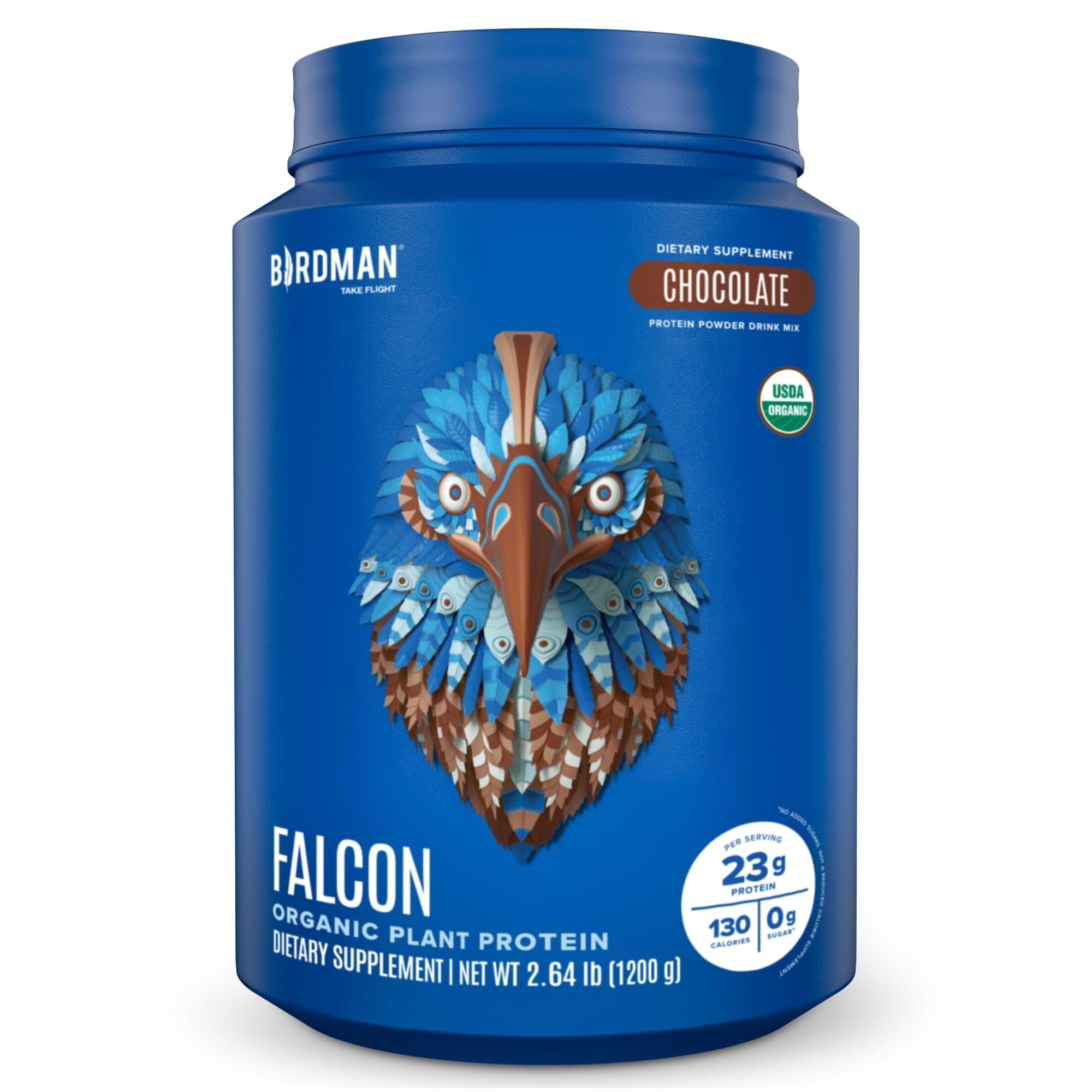 Birdman Falcon vegan protein powder in chocolate flavor, organic and sugar free.