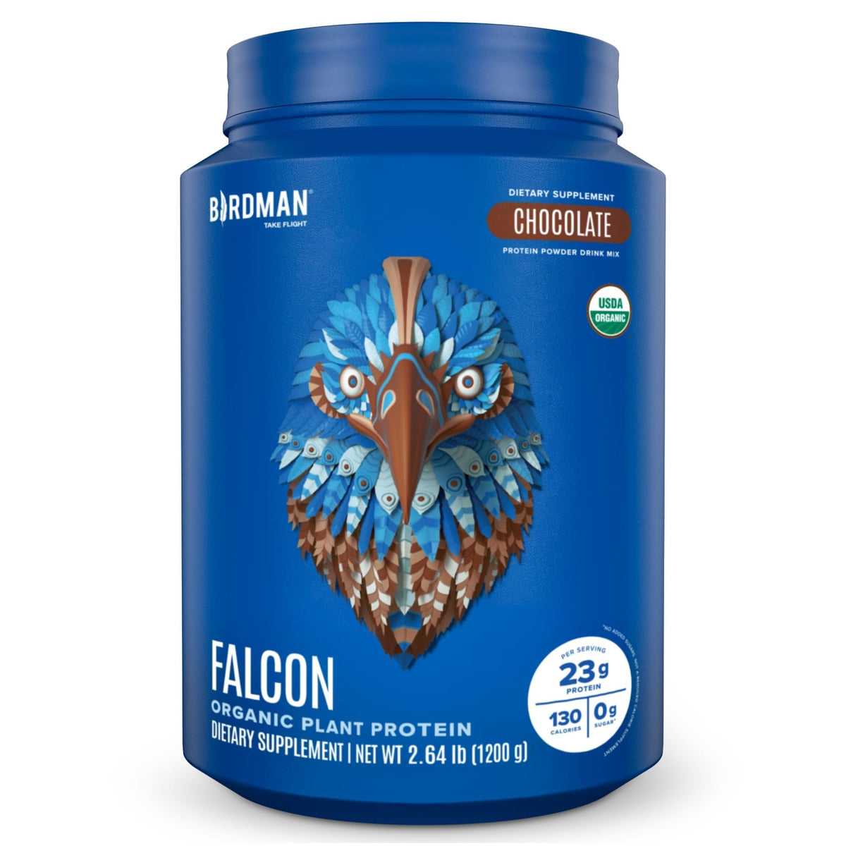 Birdman Falcon vegan protein powder in chocolate flavor, organic and sugar free.