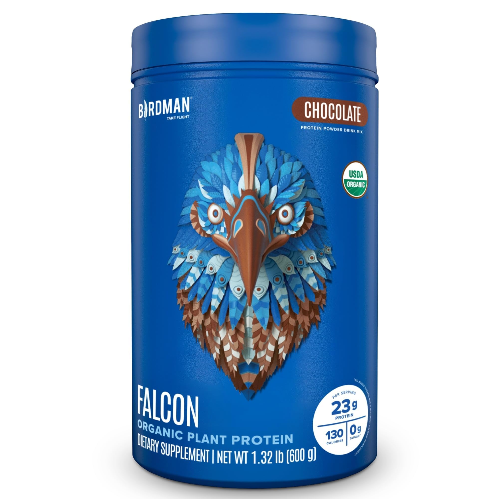 BirdMan Falcon vegan protein powder chocolate tub showing rich, sugar-free nutrition