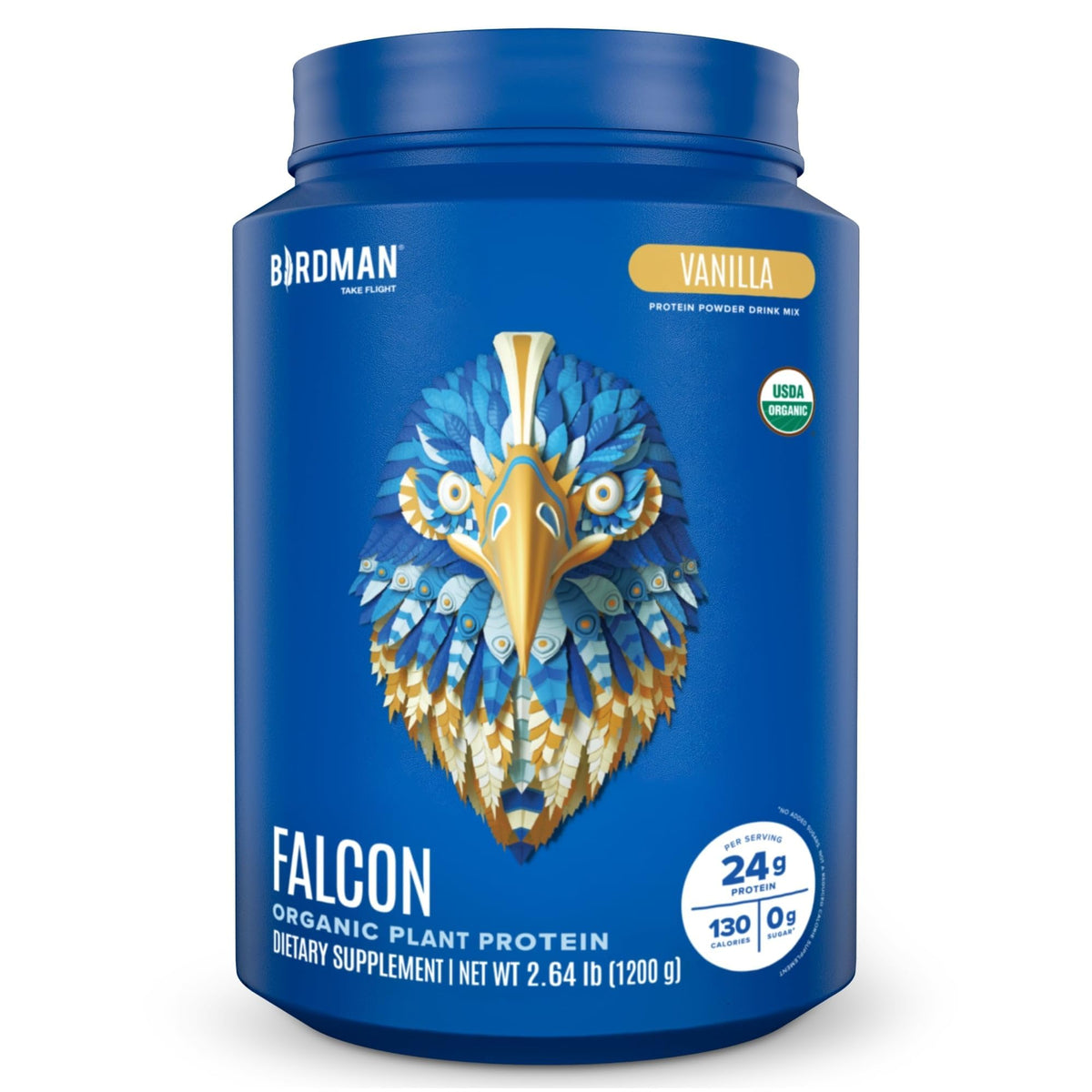 Birdman Falcon vegan protein vanilla tub highlights clean, protein-packed nutrition.