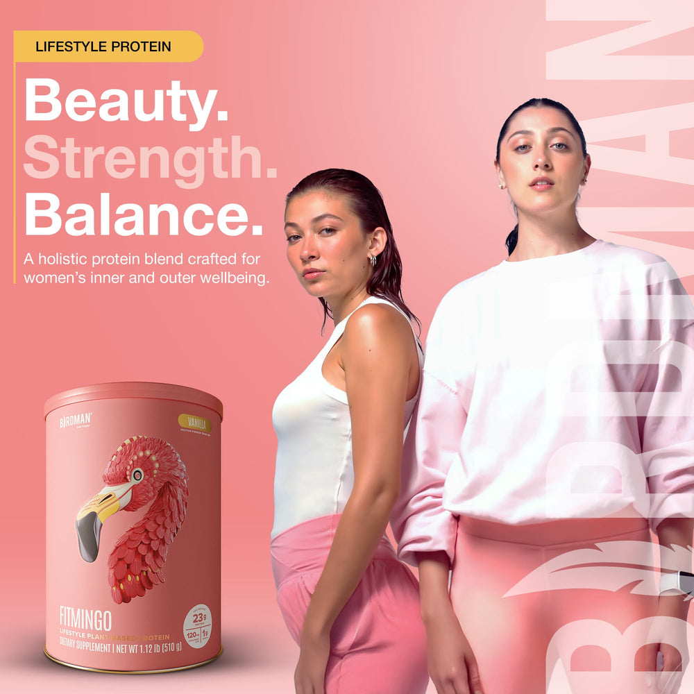 BIRDMAN Fitmingo shake being poured highlights a dairy-free, low-calorie protein choice.