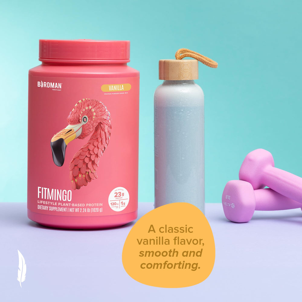 BIRDMAN Fitmingo vanilla powder close-up reveals creamy texture.