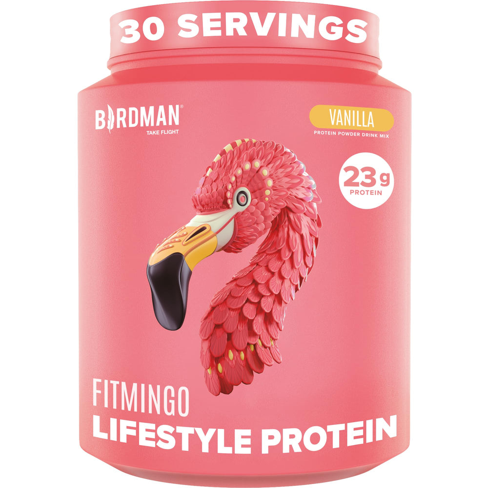 BIRDMAN Fitmingo vanilla powder tub for a plant-based post-workout protein option.