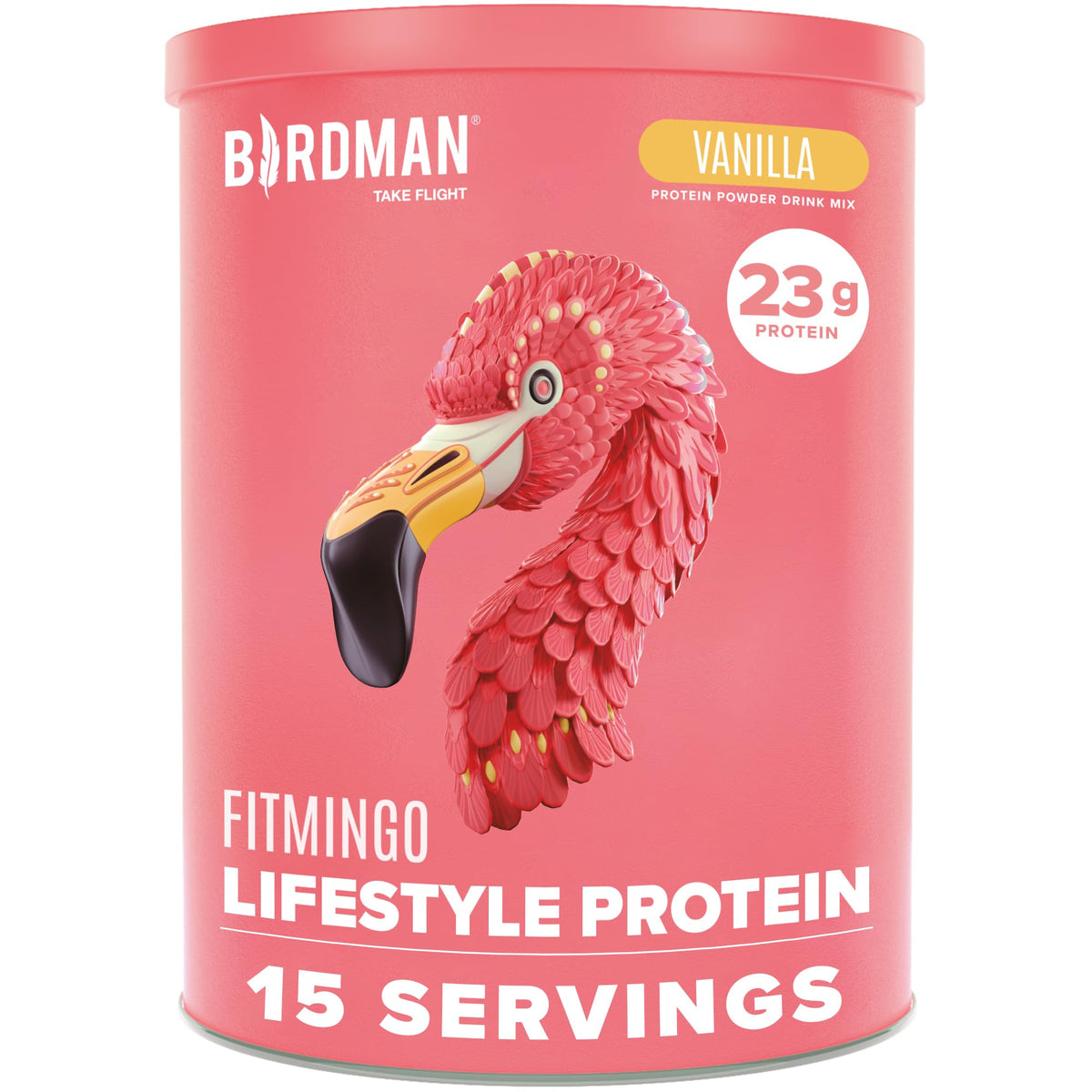 BIRDMAN Fitmingo vanilla protein bottle shows a plant-based option for post-workout recovery.