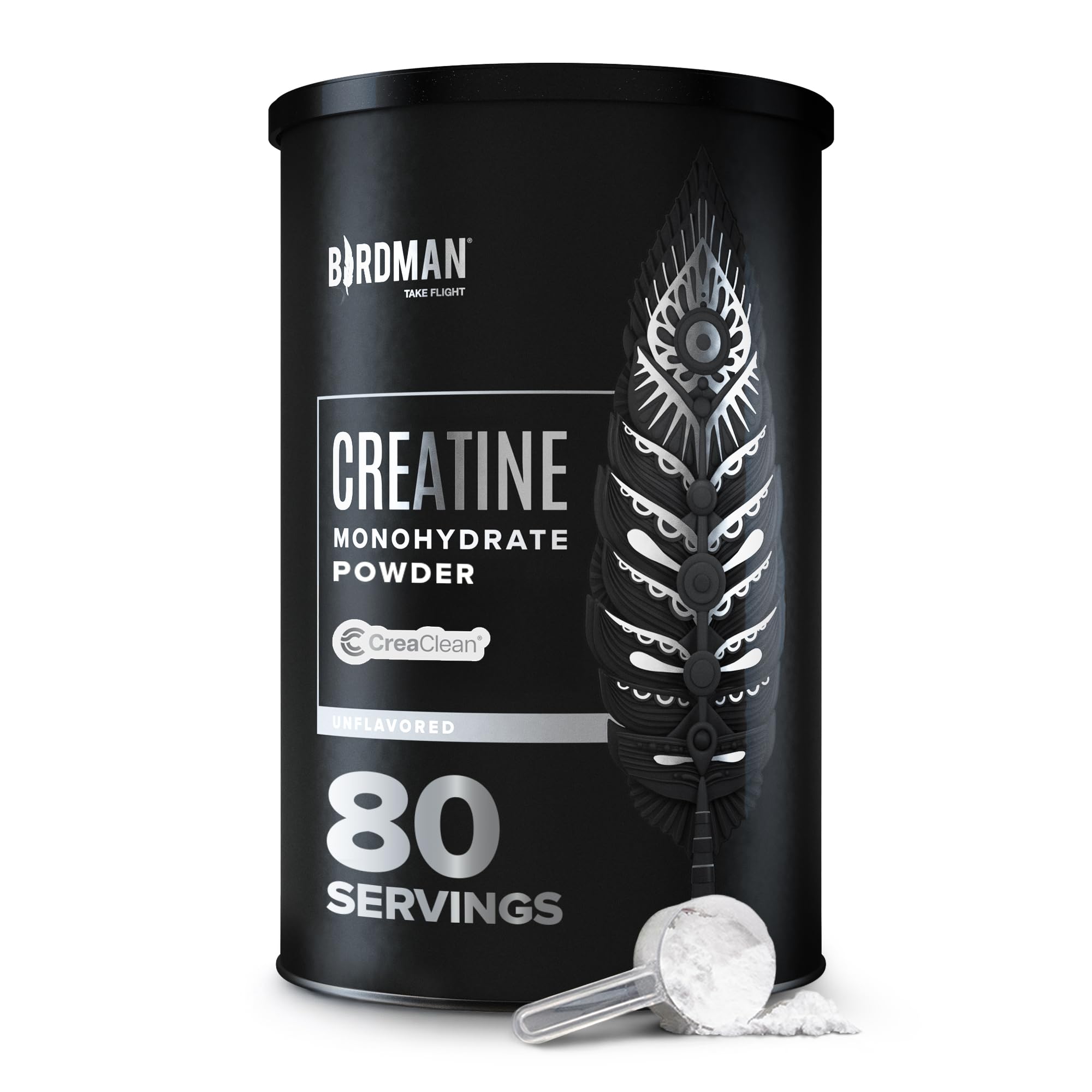 Birdman micronized creatine bottle closeup showing vegan, gluten-free formula for workouts.