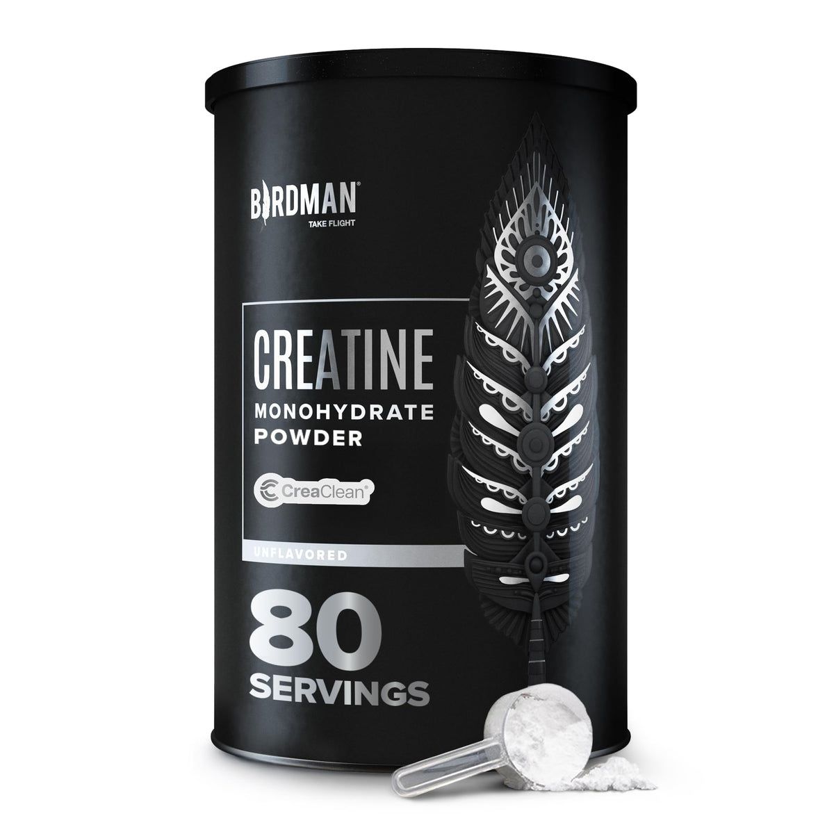 Birdman micronized creatine bottle closeup showing vegan, gluten-free formula for workouts.