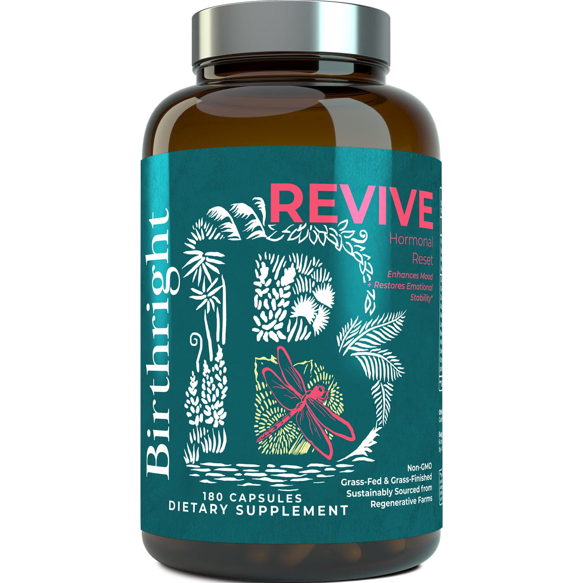 Birthright Revive bottle close-up highlighting wholesome ingredients for balanced hormones.