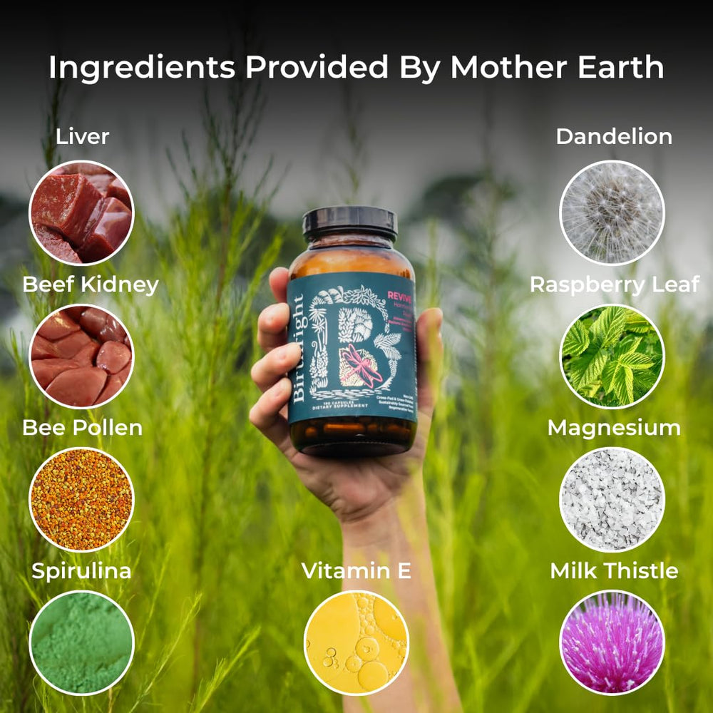 Birthright Revive bottle label showing natural formulation for cycle health.