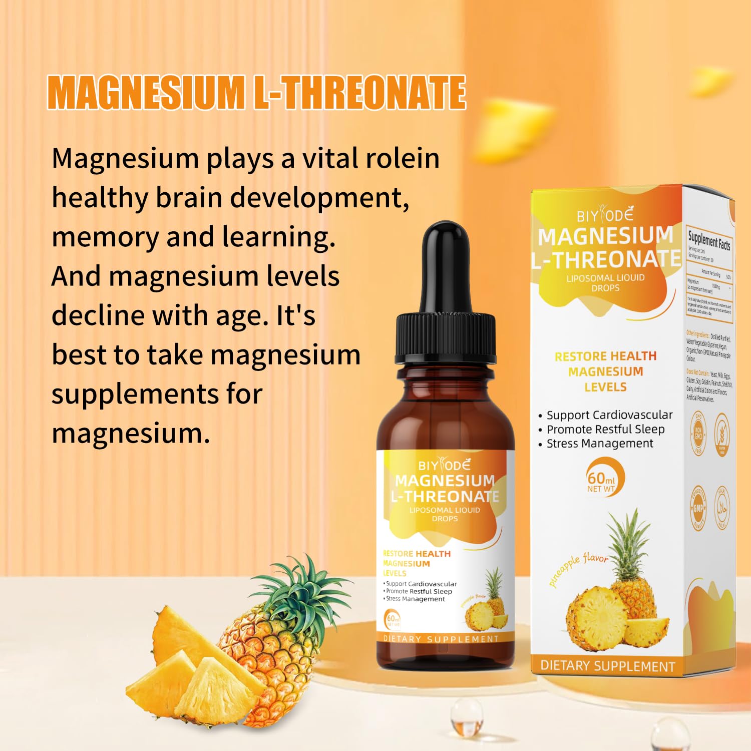BIYODE brain health magnesium drops closeup conveys calming, easy-to-use supplement.