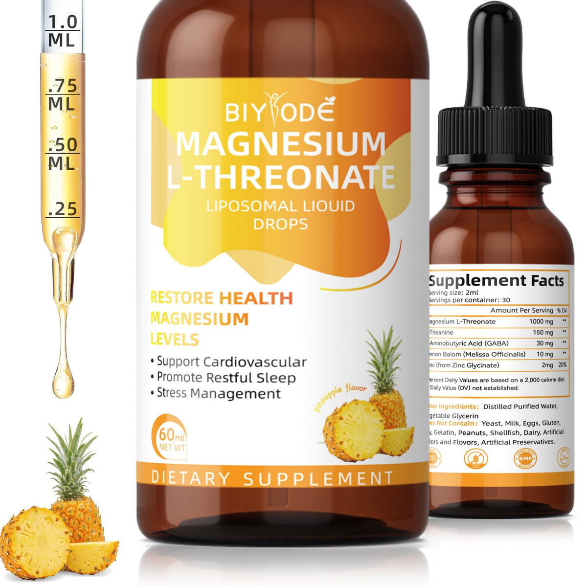 BIYODE Magnesium L-Threonate Liquid Drops bottle pour highlights easy dosing for daily wellness.