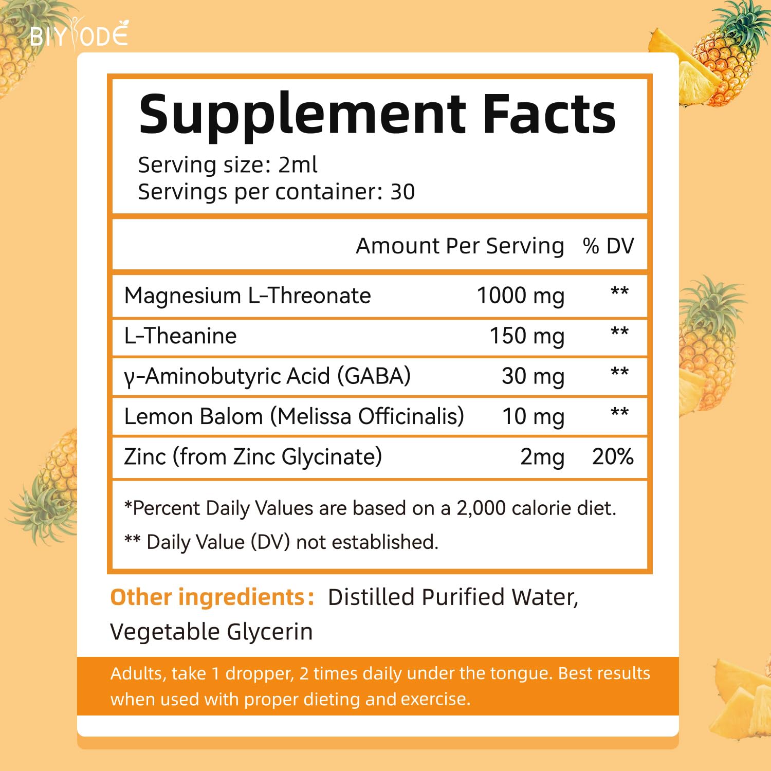 BIYODE Magnesium L-Threonate Liquid Drops label closeup showcases pineapple flavor and clean ingredients.