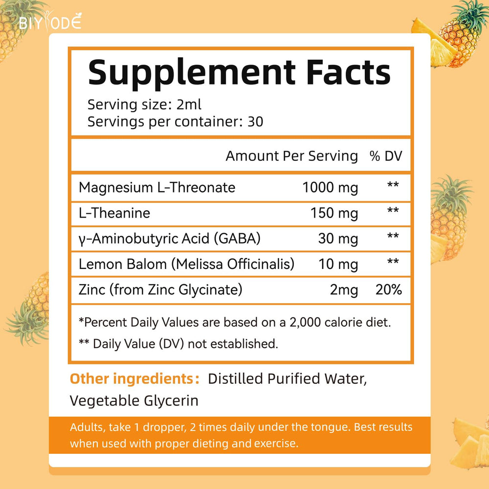 BIYODE Magnesium L-Threonate Liquid Drops label closeup showcases pineapple flavor and clean ingredients.