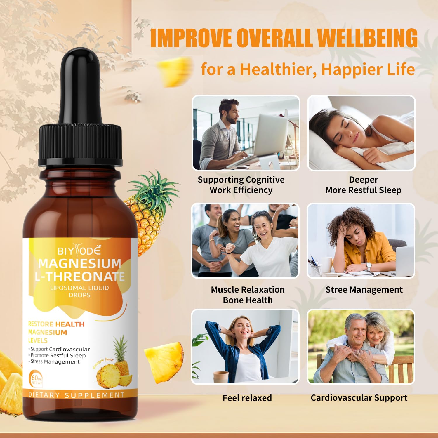 BIYODE Magnesium L-Threonate Liquid Drops pineapple splash suggests refreshing taste with brain-supporting potential.