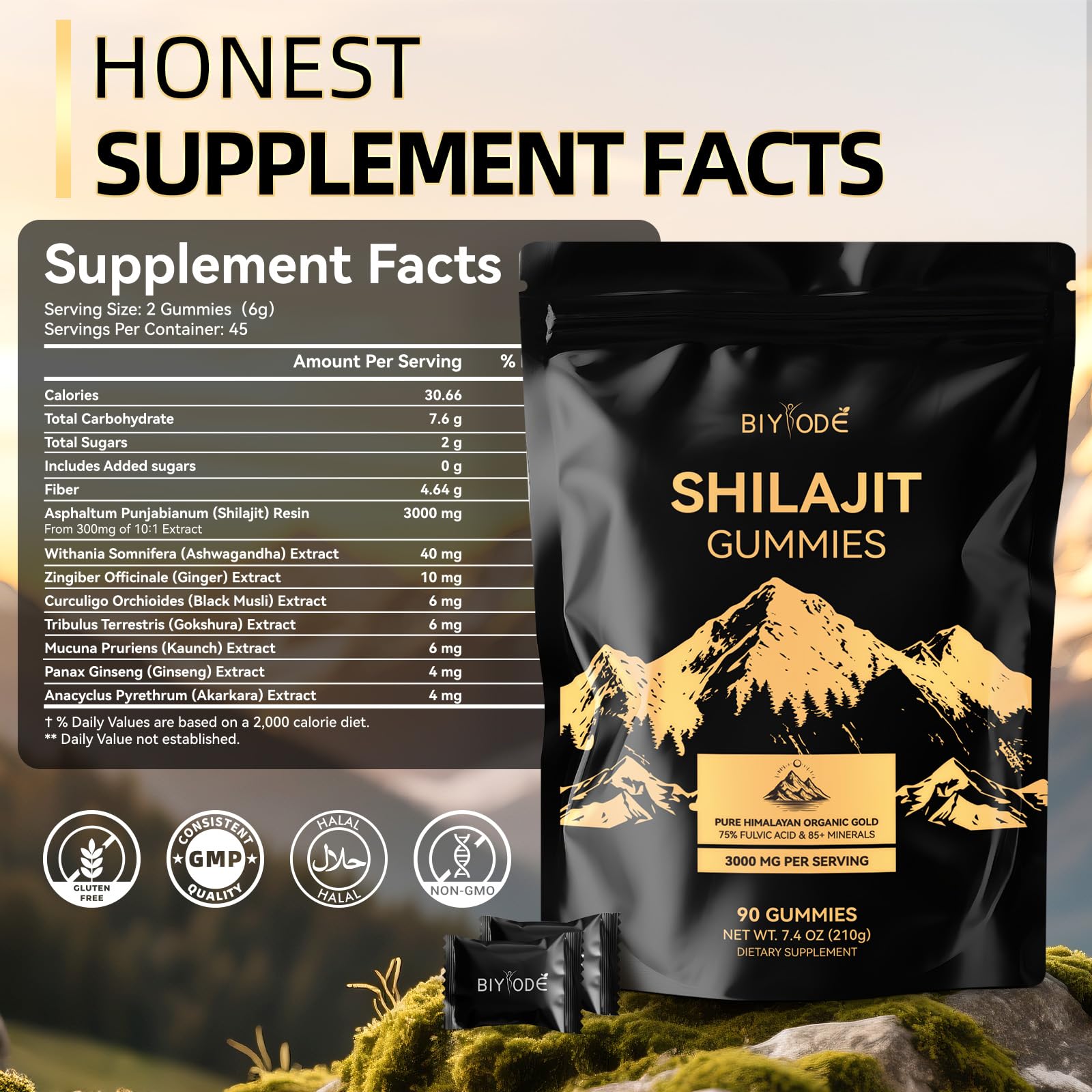 Closeup of BIYODE Shilajit Gummies reveals rich golden texture and quality