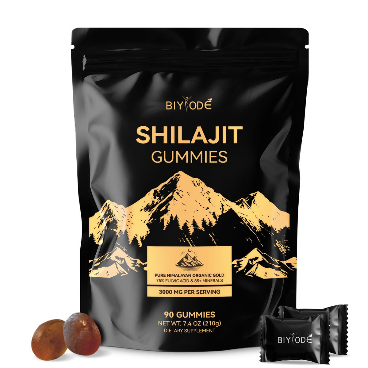 BIYODE Shilajit Gummies bottle showcases Himalayan formula for sustained energy
