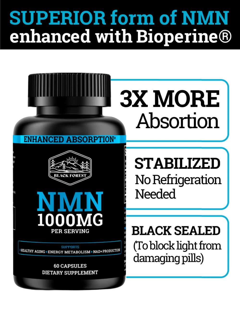 Black Forest NMN stabilized bottle protecting NMN from light