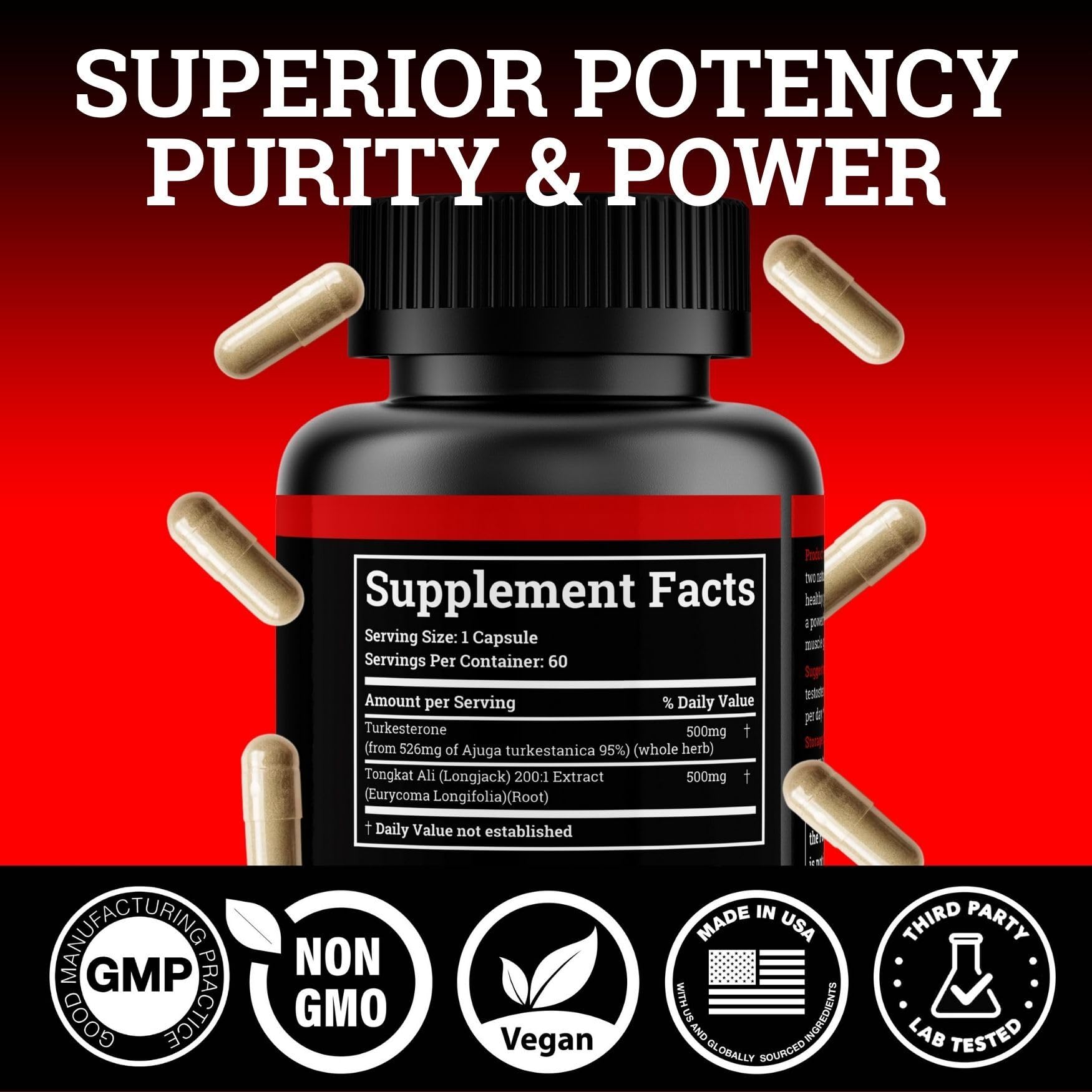 Black Forest Turkesterone Tongkat Ali ingredients panel detail for informed energy choices.