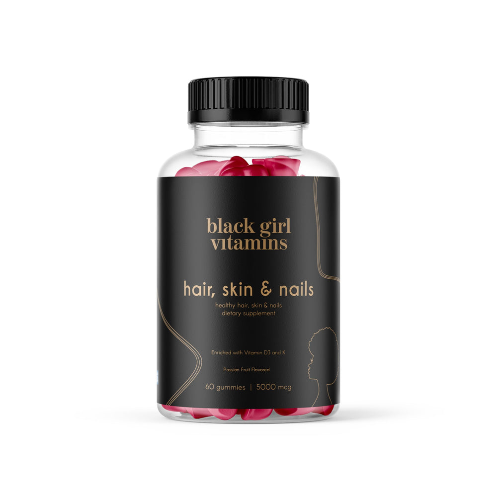 Black Girl Vitamins bottle with passion fruit gummies for hair, skin, and nails.