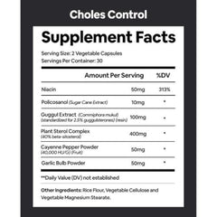 Choless bottle label highlights CoQ10 and plant-based ingredients for heart health