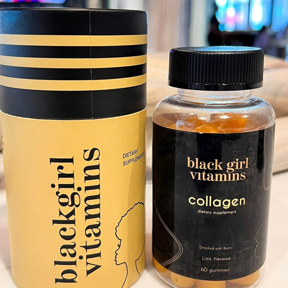 Black Girl Vitamins collagen gummies box with gluten-free badge