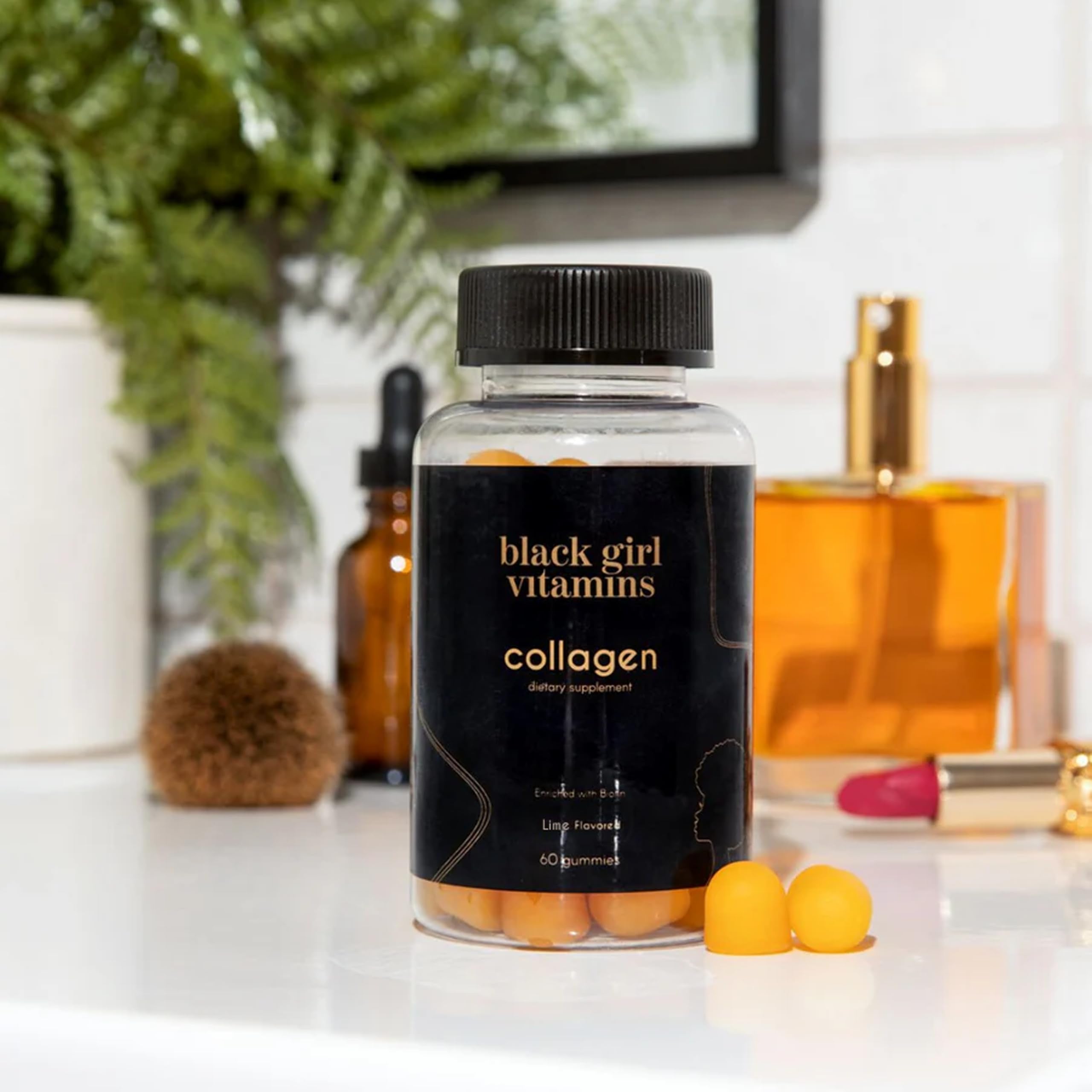 Jar of Black Girl Vitamins collagen gummies on countertop; gluten-free on-the-go wellness