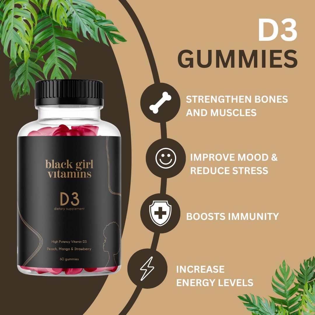Black Girl Vitamins D3 Gummies bottle back with key nutrient info highlighted