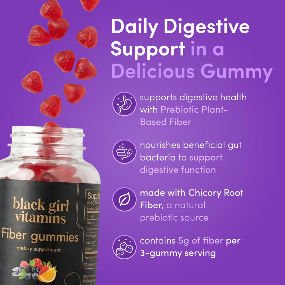 Black Girl Vitamins Fiber Gummies mixed-berry bottle promotes gut balance.