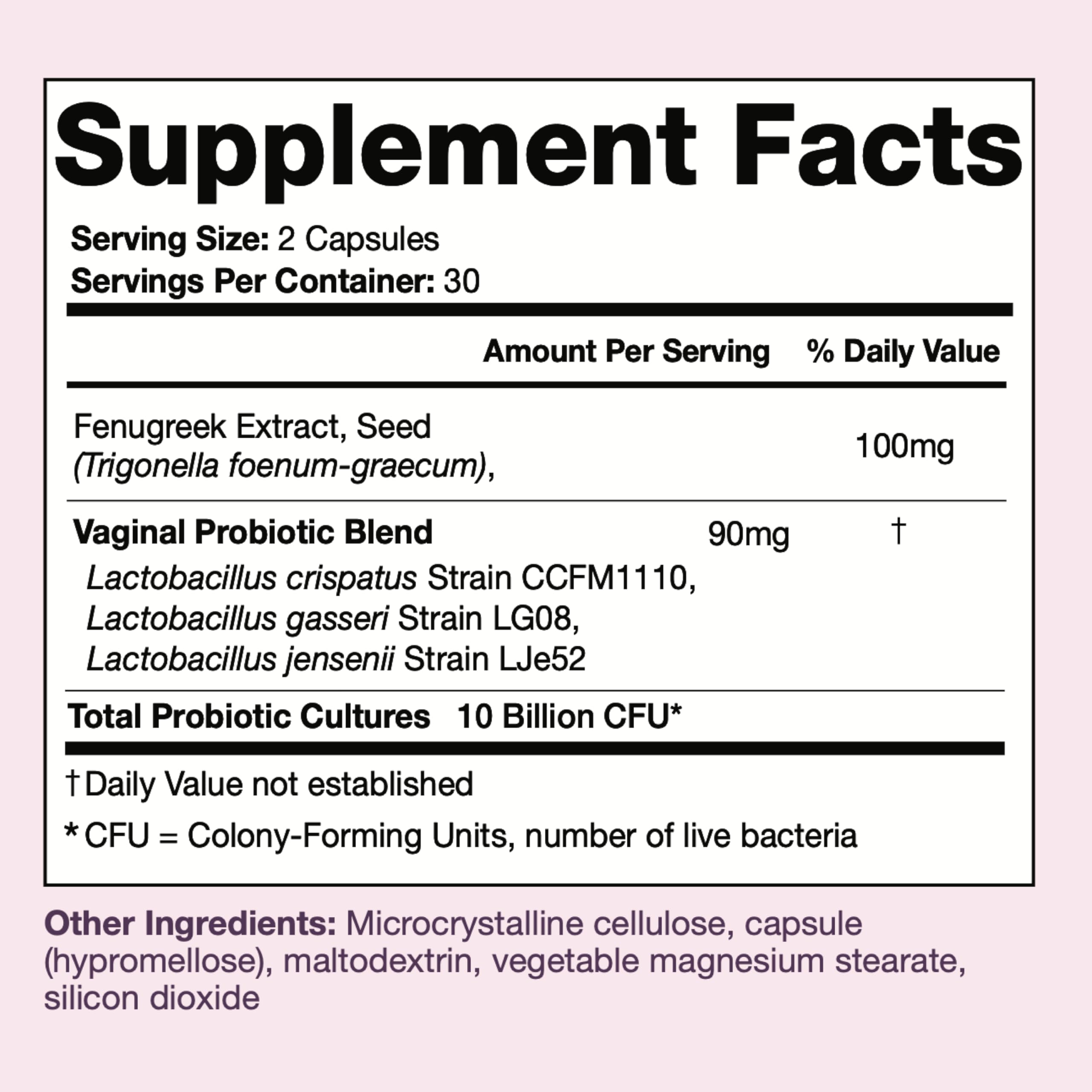 Her Balance capsules close-up highlighting Lactobacillus strains and herbal blend.