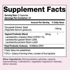 Her Balance capsules close-up highlighting Lactobacillus strains and herbal blend.