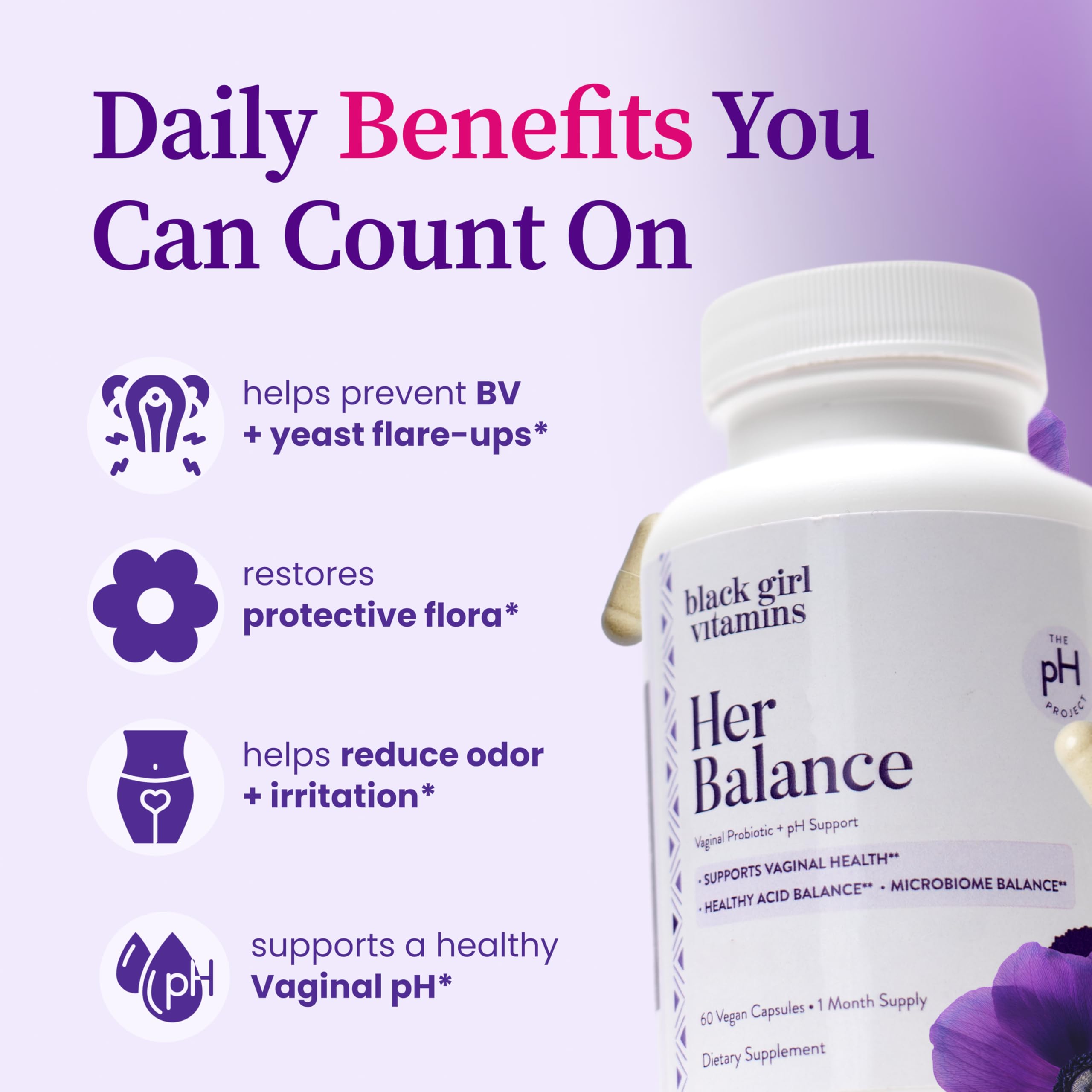 Her Balance vegan formula packaging emphasizes clean ingredients and certifications.
