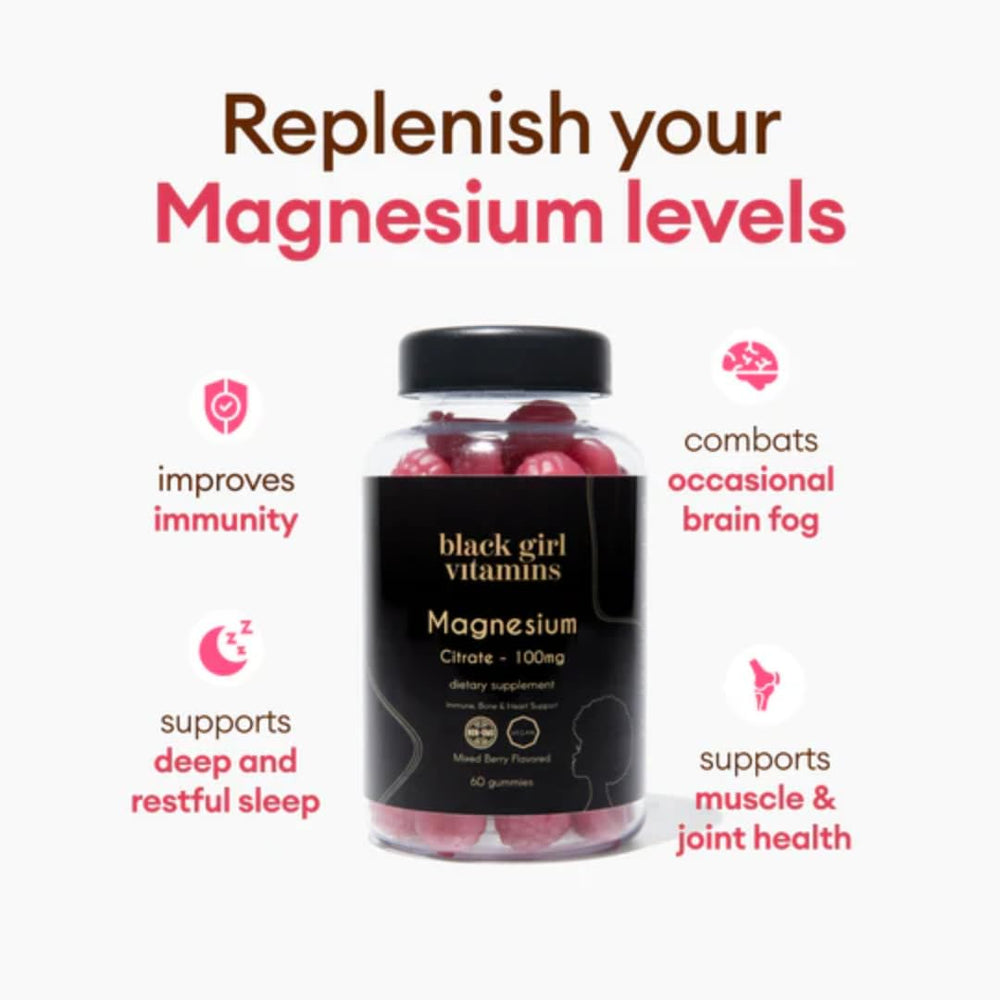 Black Girl Vitamins magnesium gummies on nightstand suggesting relaxation