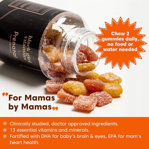 Serving size panel on Black Girl Vitamins Prenatal Gummies bottle showing key nutrients