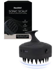 Black Wolf Sonic Scalp Scrubber showing soft bristles for gentle cleansing in the shower