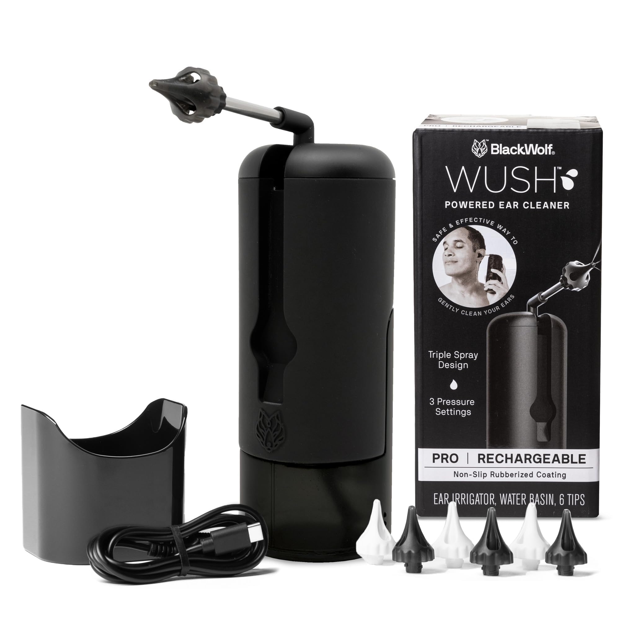 Black Wolf Wush Pro ear cleaner front view, comfortable grip for precise cleaning.
