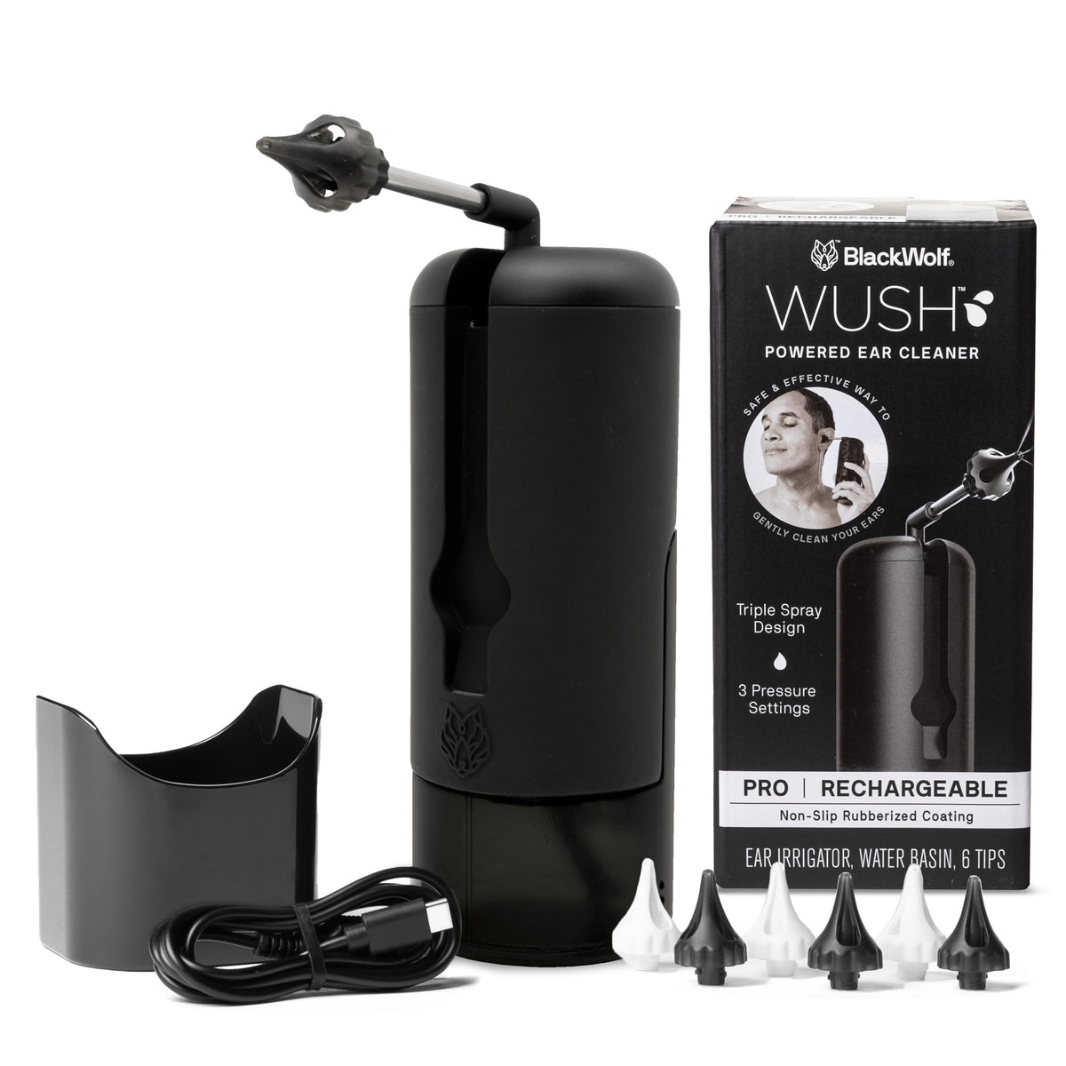 Black Wolf Wush Pro ear cleaner front view, comfortable grip for precise cleaning.