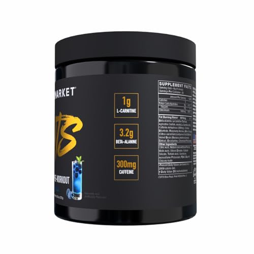 BLACKMARKET CUTS Blue Razz powder scoop ready for energizing mix.