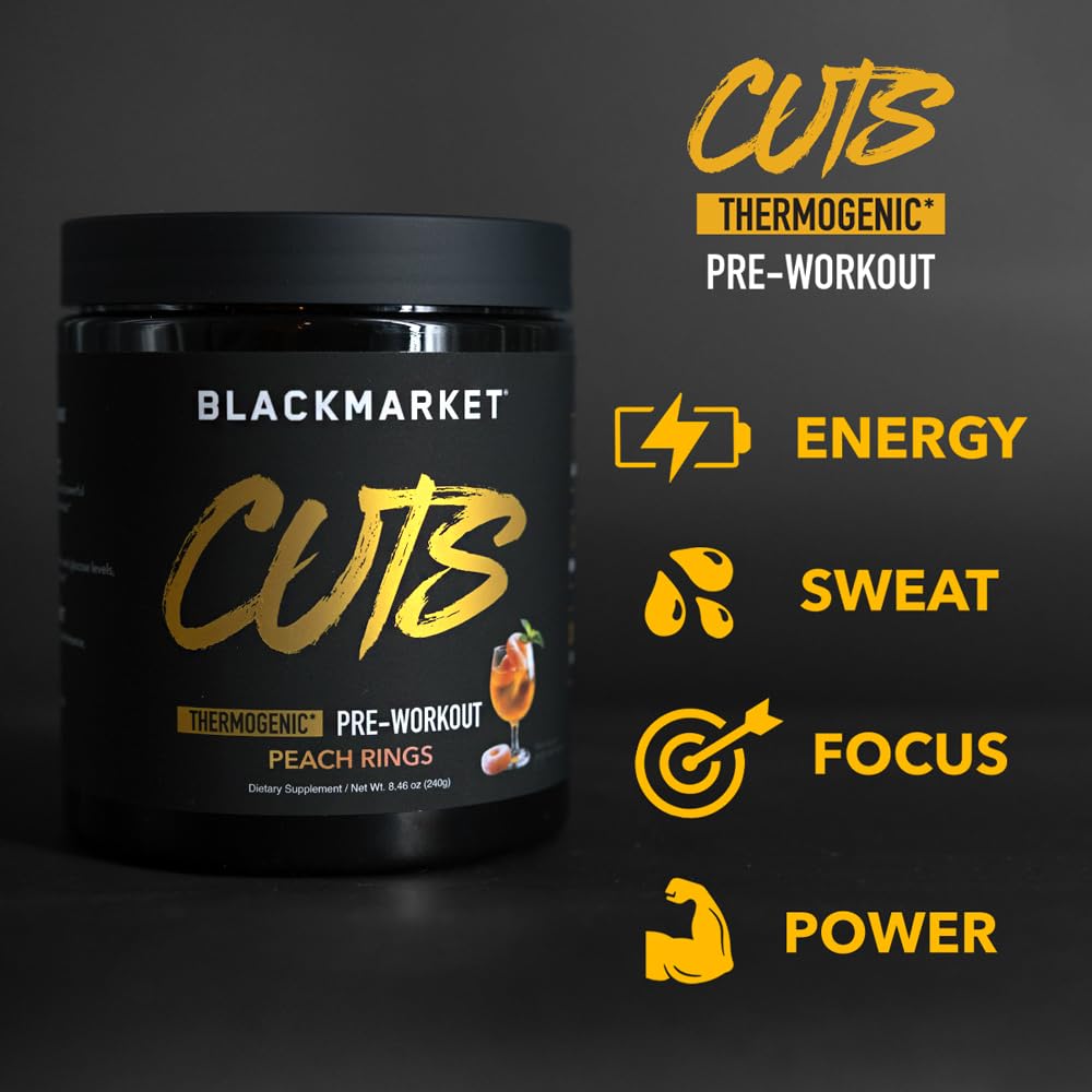 Gym scene shows BLACKMARKET CUTS powering a focused training session