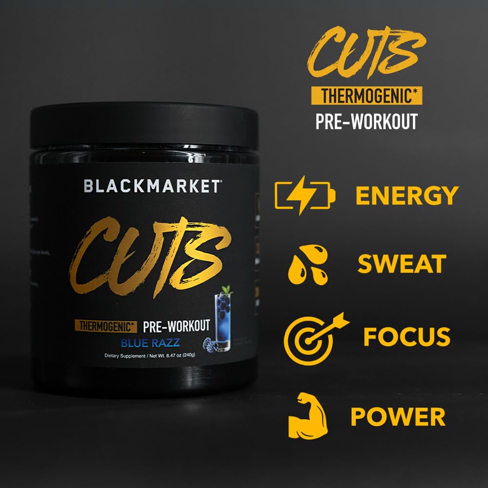 BLACKMARKET CUTS workout setup with shaker and powder.