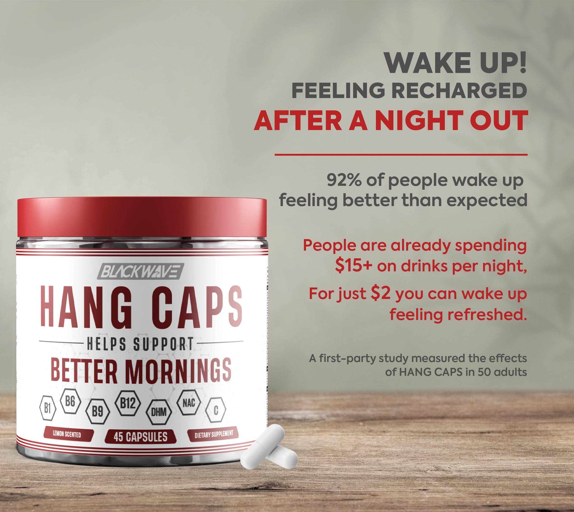 BlackWave Hang Caps capsules in hand for pre-sleep dosing.