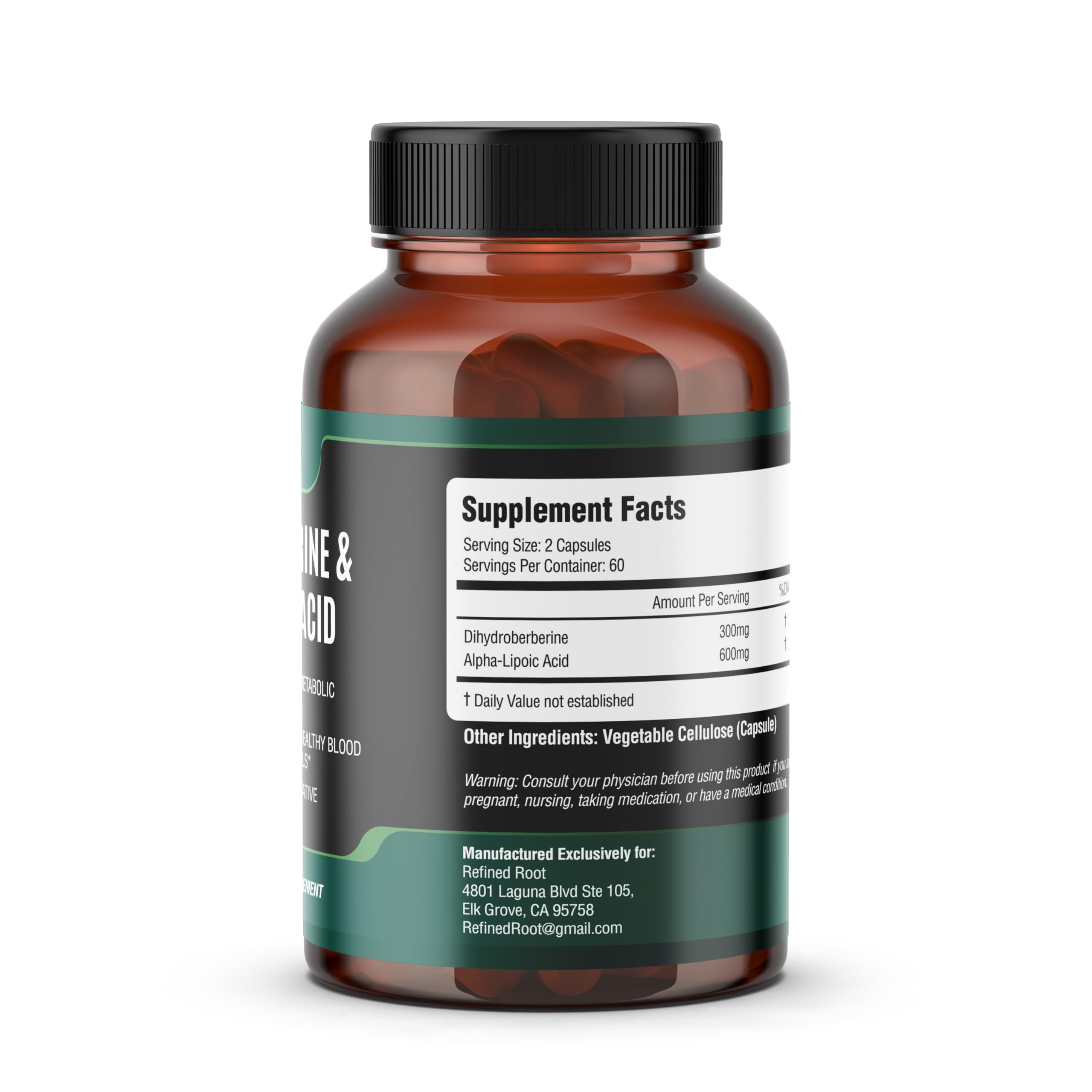 Blast Supplements Refined Root Dihydroberberine bottle on wood table conveys everyday wellness.