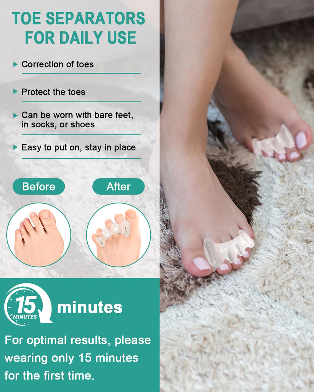BLATOWN toe spacers being worn for comfortable toe alignment for women and men.