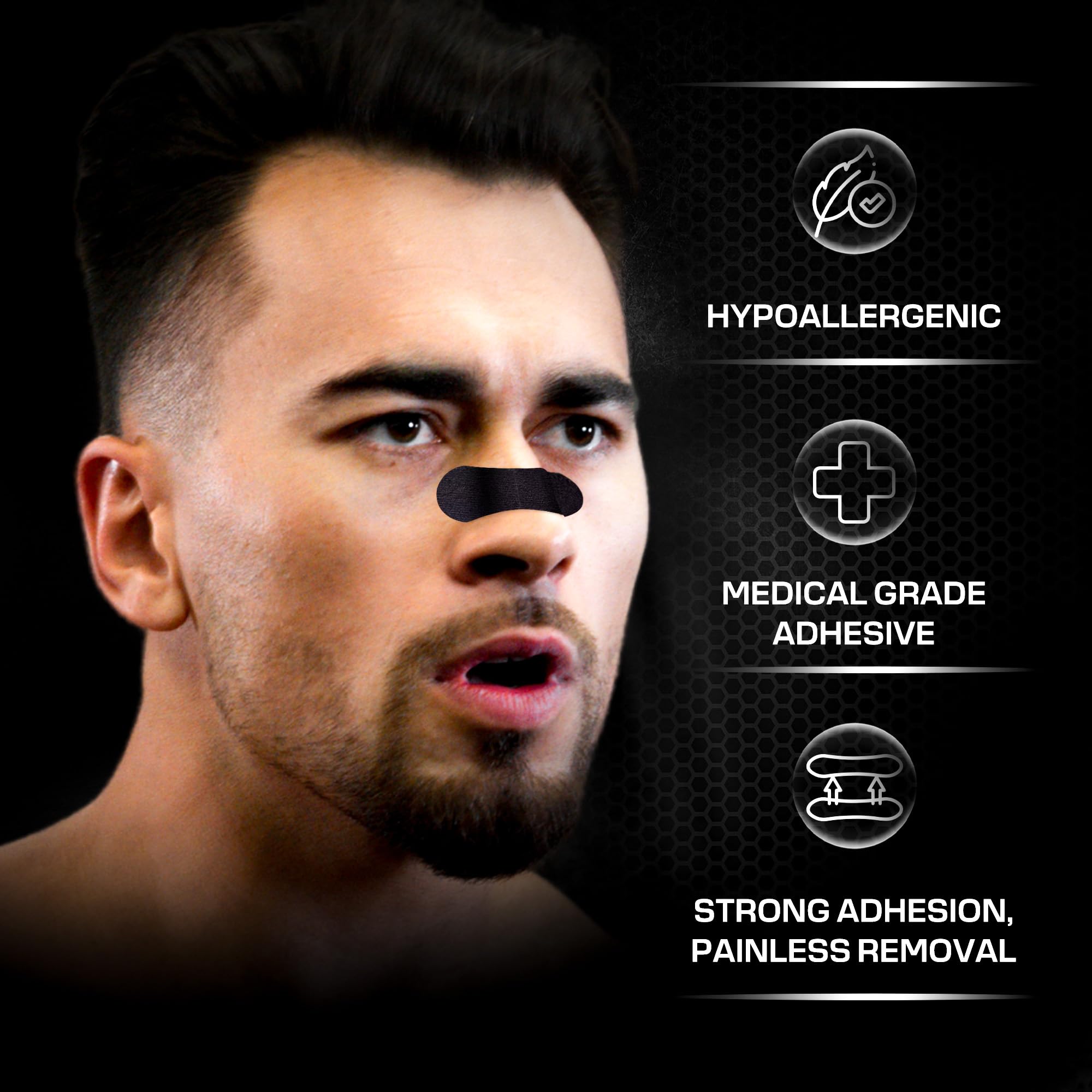 BLAZE pack of 60 nasal strips shown for consistent adhesion throughout day and night.