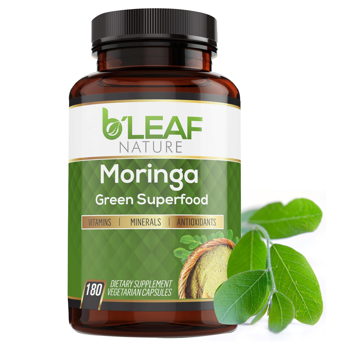 B'LEAF NATURE Moringa capsules bottle for daily energy support and vegan nutrition.