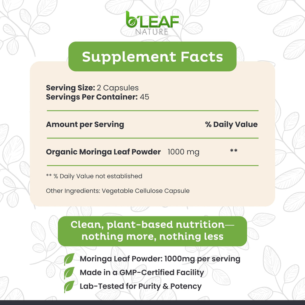 B'LEAF NATURE Moringa packaging hero emphasizing clean, non-GMO quality
