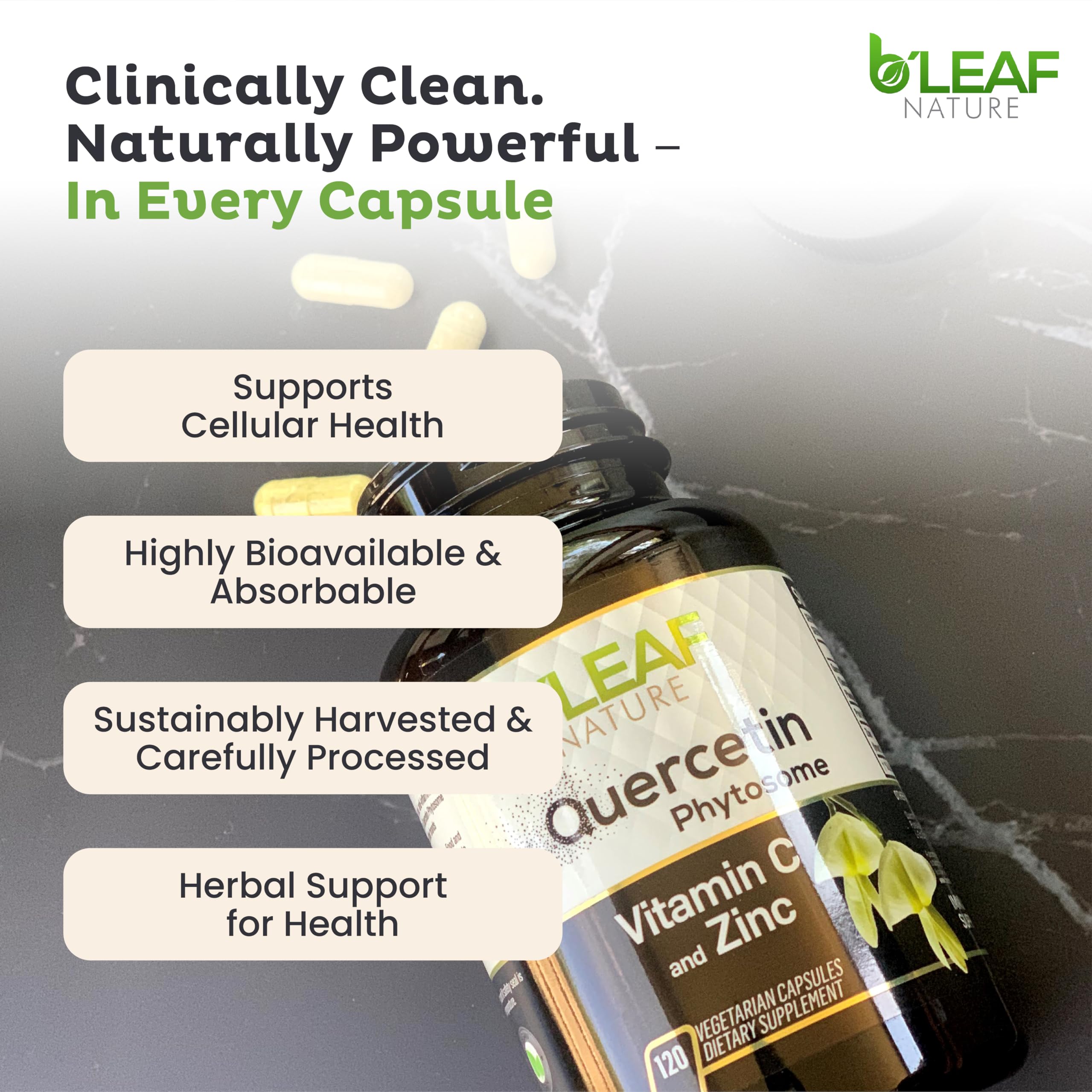 Open bottle revealing Quercetin Phytosome capsules for daily use