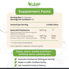 Label shows Vitamin C and Zinc in the B'LEAF NATURE Quercetin Phytosome formula