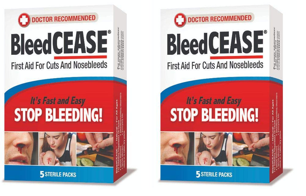 BleedCEASE nosebleed-stop-pack packaging shows ready-to-use sterile kit for quick care