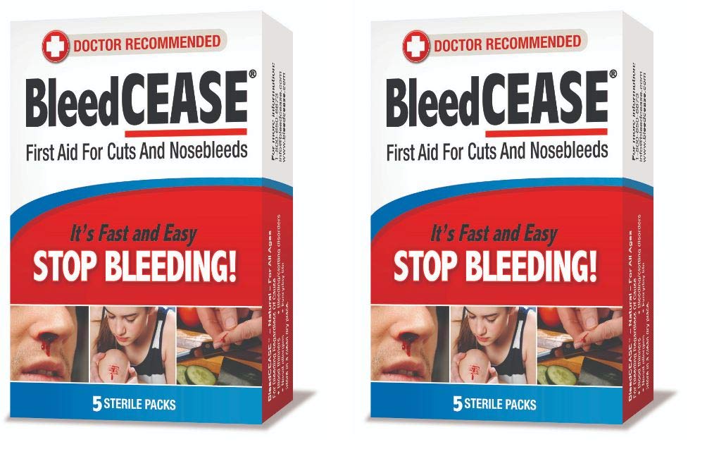 BleedCEASE nosebleed-stop-pack packaging shows ready-to-use sterile kit for quick care